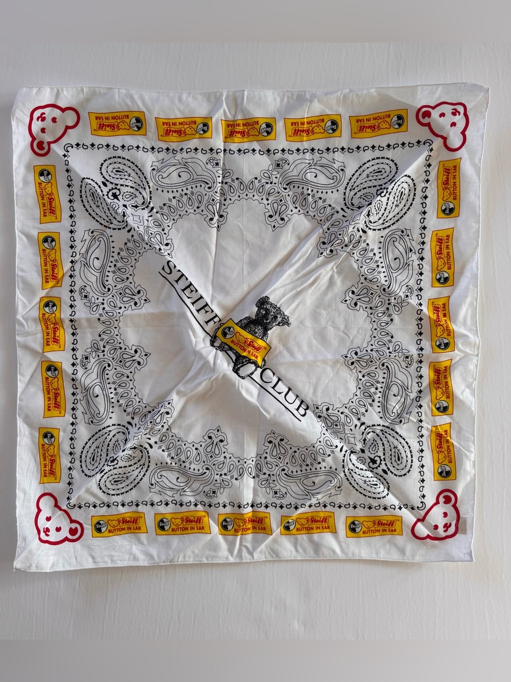 Steiff Club White Bandana Scarf with Black Paisley Print Teddy Bears
